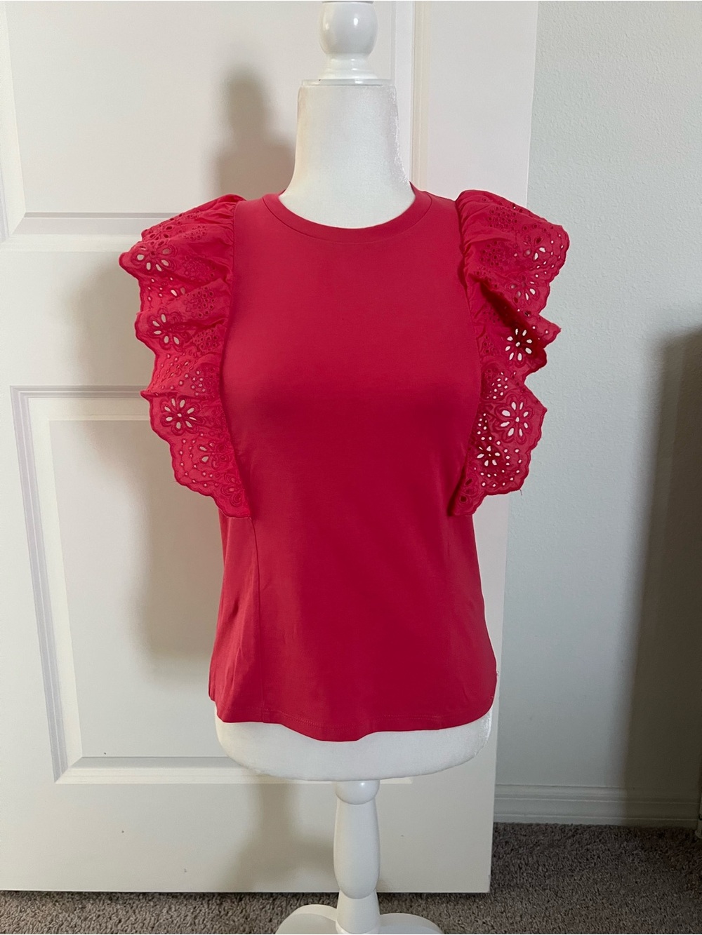 NWOT J Crew Pink Eyelet Ruffle Sleeve Top XS
